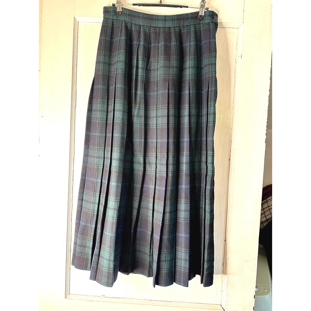 Charter Club Vintage Black Watch Plaid Wool Pleated Midi Skirt Blue Green 10